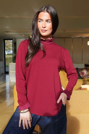 Essential Body Stretch Cotton Ruffle Neck Layering Top Burgundy - 